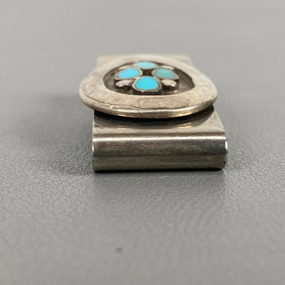 Vintage Southwestern Native Style Sterling Silver Turquoise Inlay Money Clip